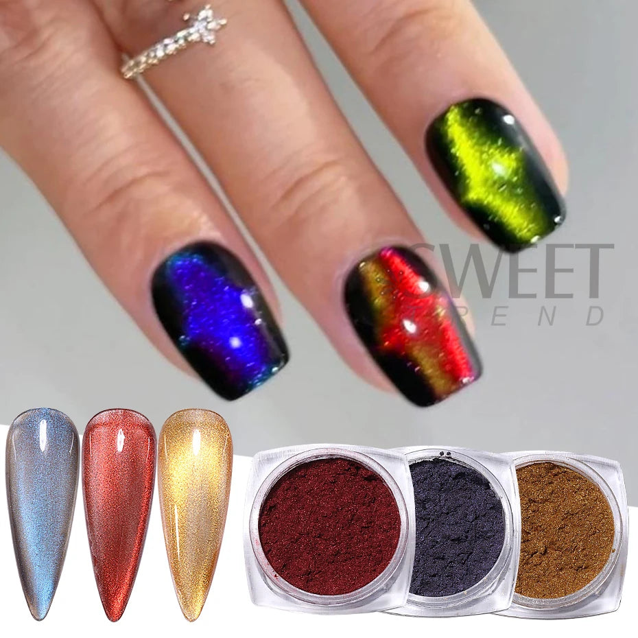 Cat Eye Chrome Magnetic Nail Powder Set - 6 Pearl Fairy Pigments with Reflective Effect