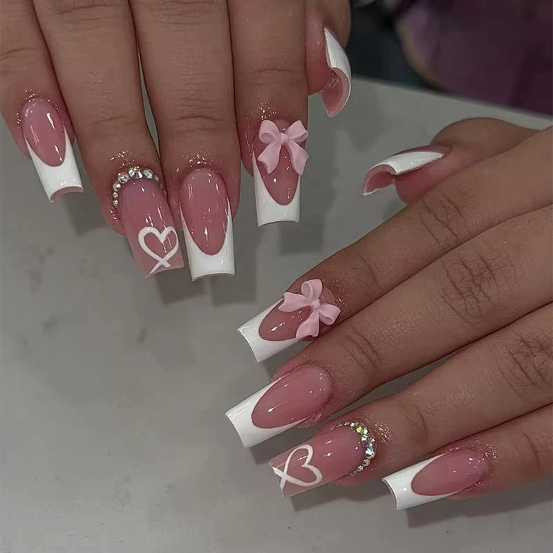 Cat-Eye French Press-On Nails – 24pcs with 3D Bow & Diamond Accents