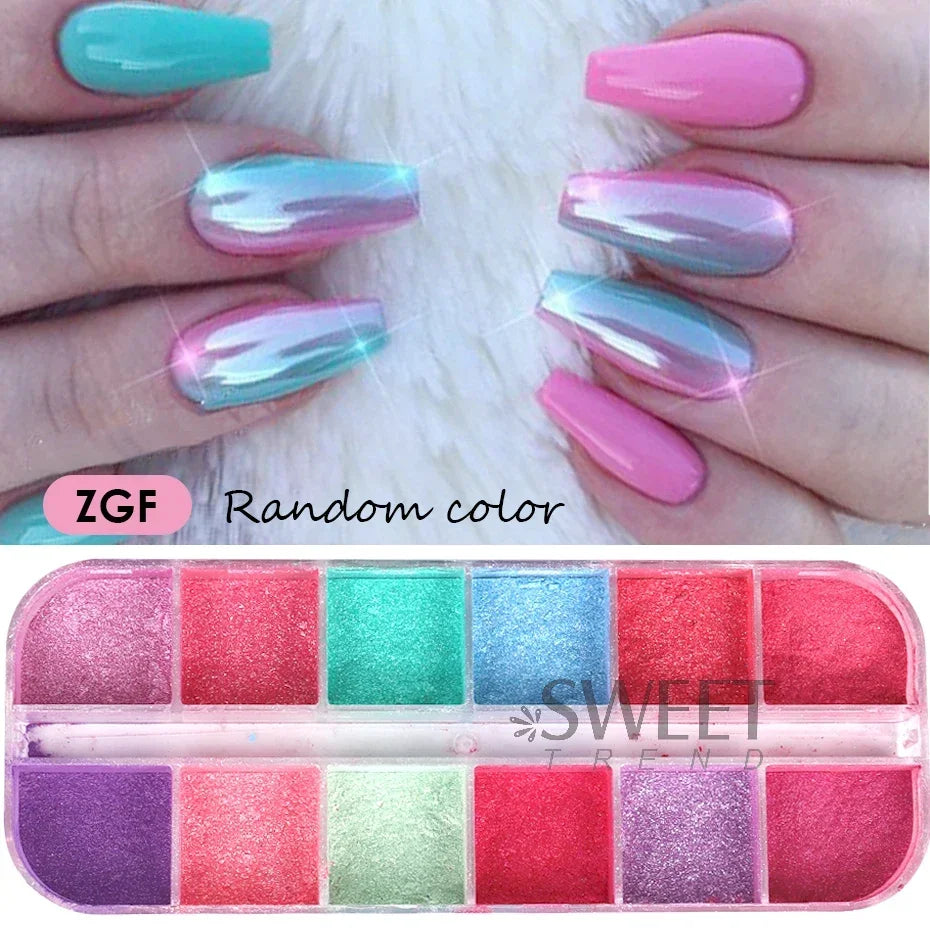 12-Grid Chrome Mirror Nail Powder - Mermaid Pearl Shimmer Pigment Set