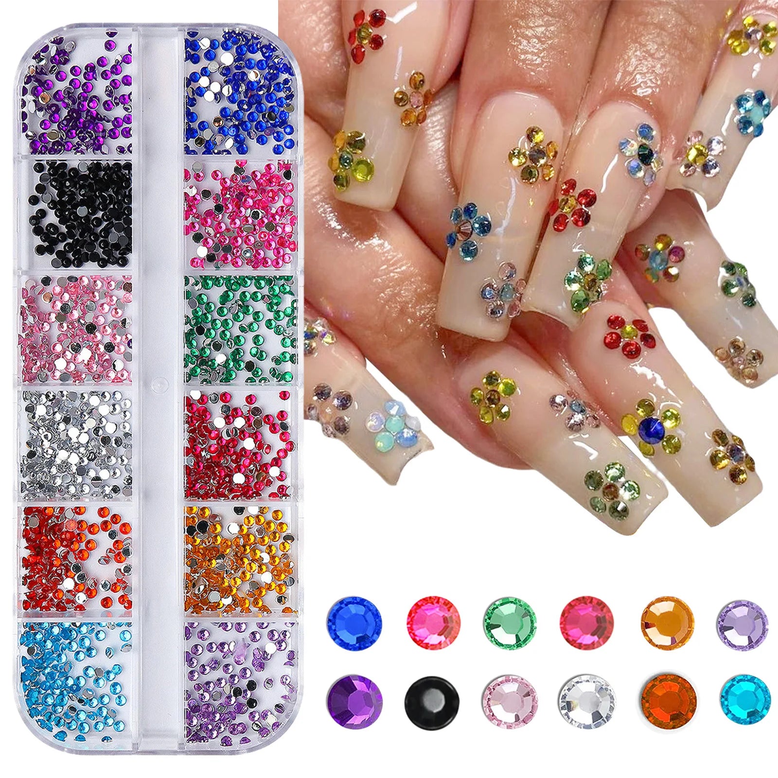 Crystal Rhinestone Nail Art Set - 12-Grid Flatback Gemstones for Nails & Accessories