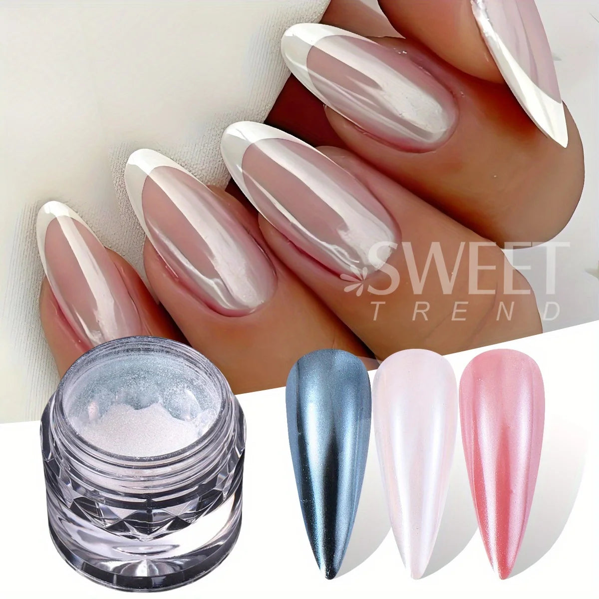 Aurora Pearl Chrome Nail Powder - White Moonlight Mirror Finish