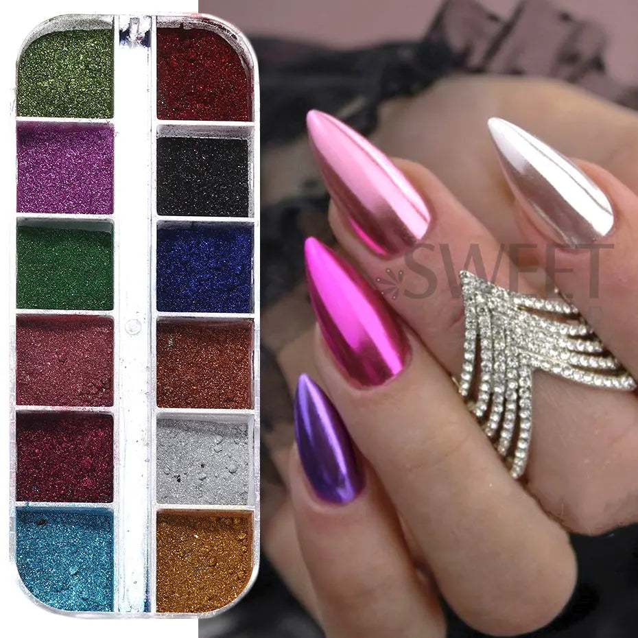 Metallic Nail Powder Set - 12 Holographic Mirror Chrome Pigments for UV Gel Polish