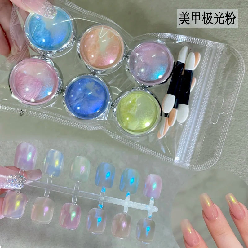 6Pcs/set Shimmer Aurora Nail Powder Holo Metallic Mirror Effect Pigment Dust for Gel Polish Manicure Decoration Mermaid Powder &