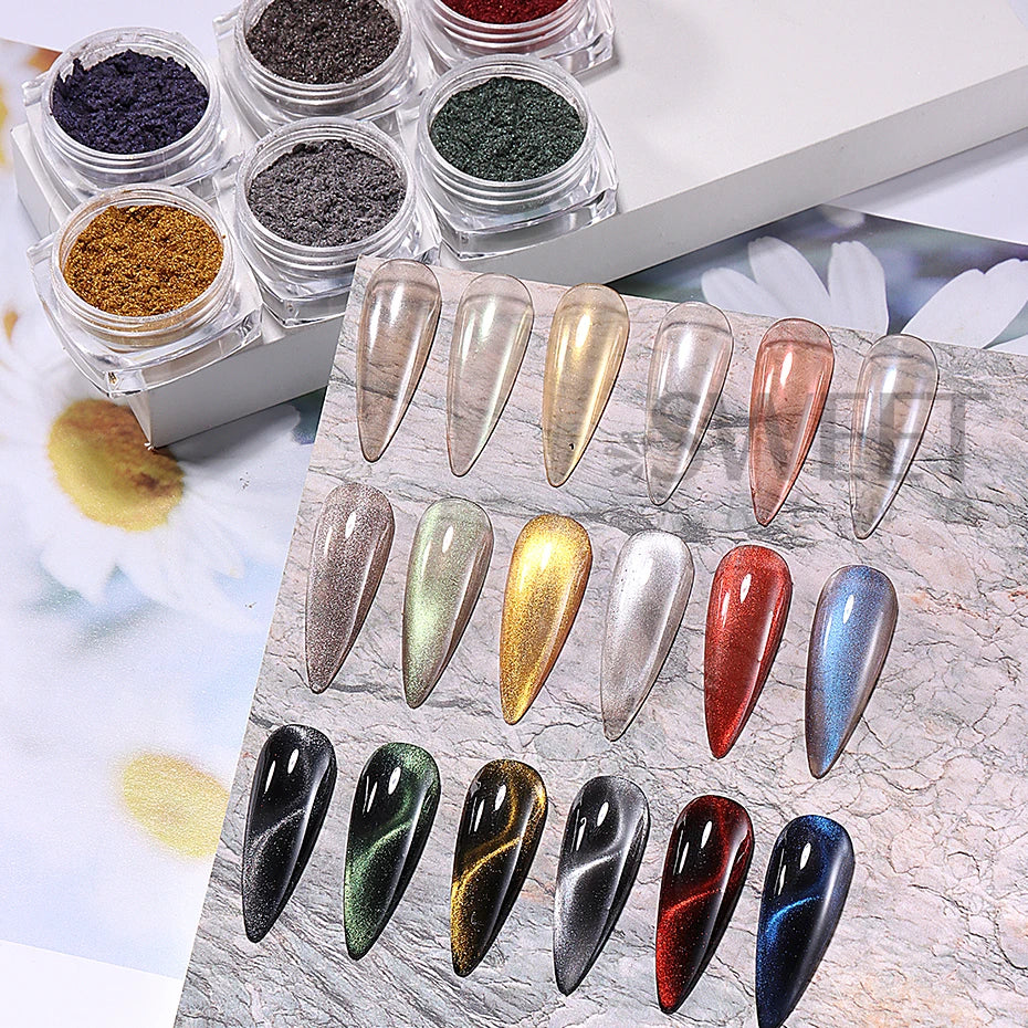 Cat Eye Chrome Magnetic Nail Powder Set - 6 Pearl Fairy Pigments with Reflective Effect