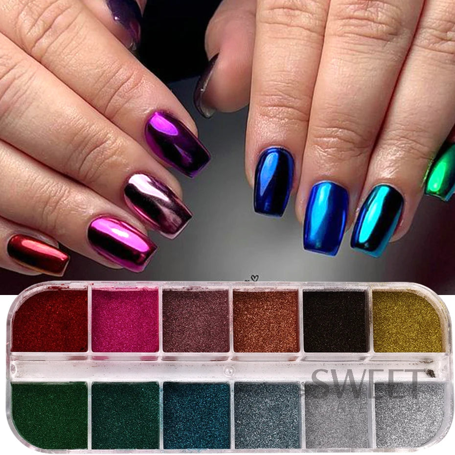 Metallic Nail Powder Set - 12 Holographic Mirror Chrome Pigments for UV Gel Polish