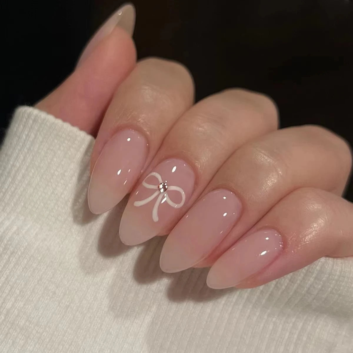 Cat-Eye French Press-On Nails – 24pcs with 3D Bow & Diamond Accents