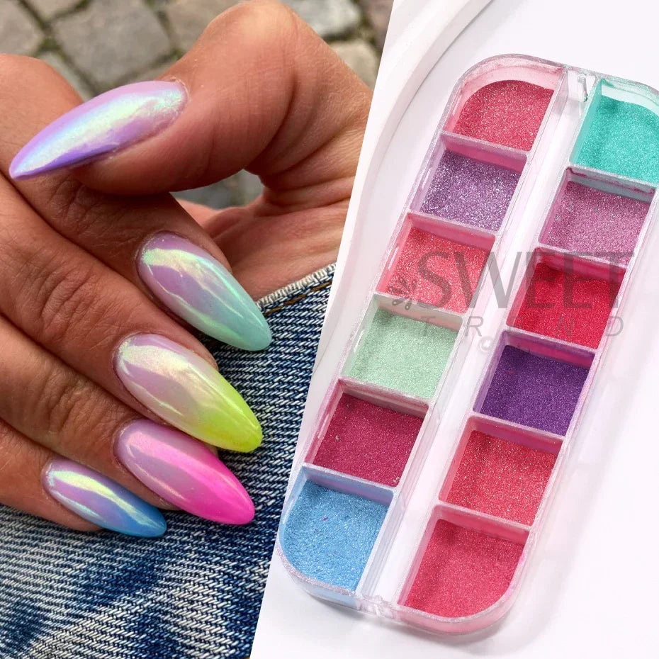 12-Grid Chrome Mirror Nail Powder - Mermaid Pearl Shimmer Pigment Set