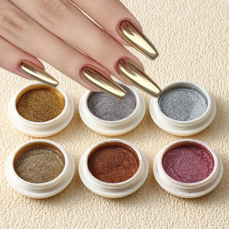 Metallic Chrome Nail Powder Set - 6-Piece Gold, Rose Gold & Silver Mirror Finish