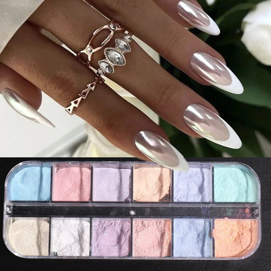 12-Grid Chrome Mirror Nail Powder - Mermaid Pearl Shimmer Pigment Set
