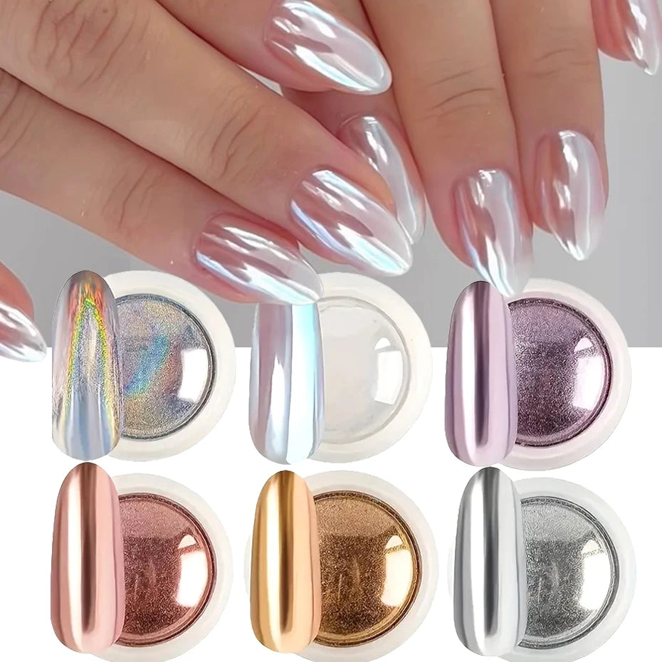 Chrome Mirror Nail Powder Set - 6-Piece Gold, Silver & Holographic Aurora Pigments