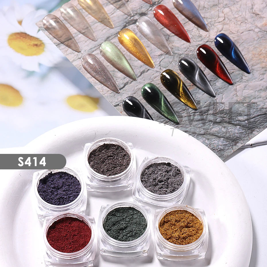 Cat Eye Chrome Magnetic Nail Powder Set - 6 Pearl Fairy Pigments with Reflective Effect