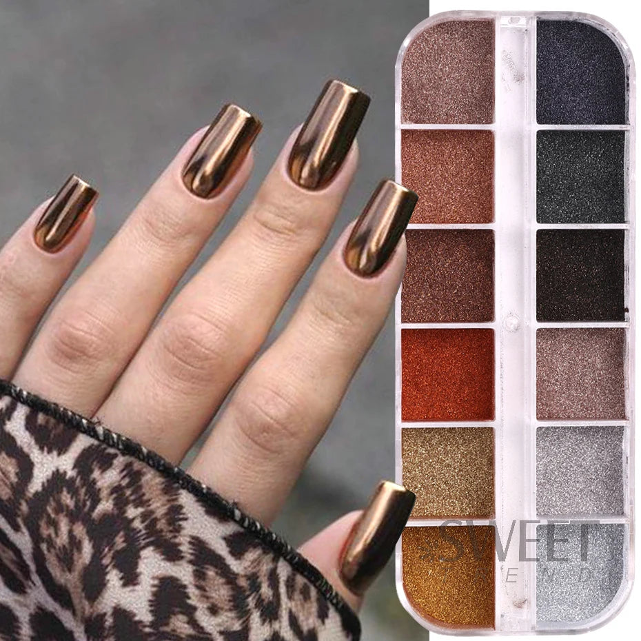 Metallic Nail Powder Set - 12 Holographic Mirror Chrome Pigments for UV Gel Polish