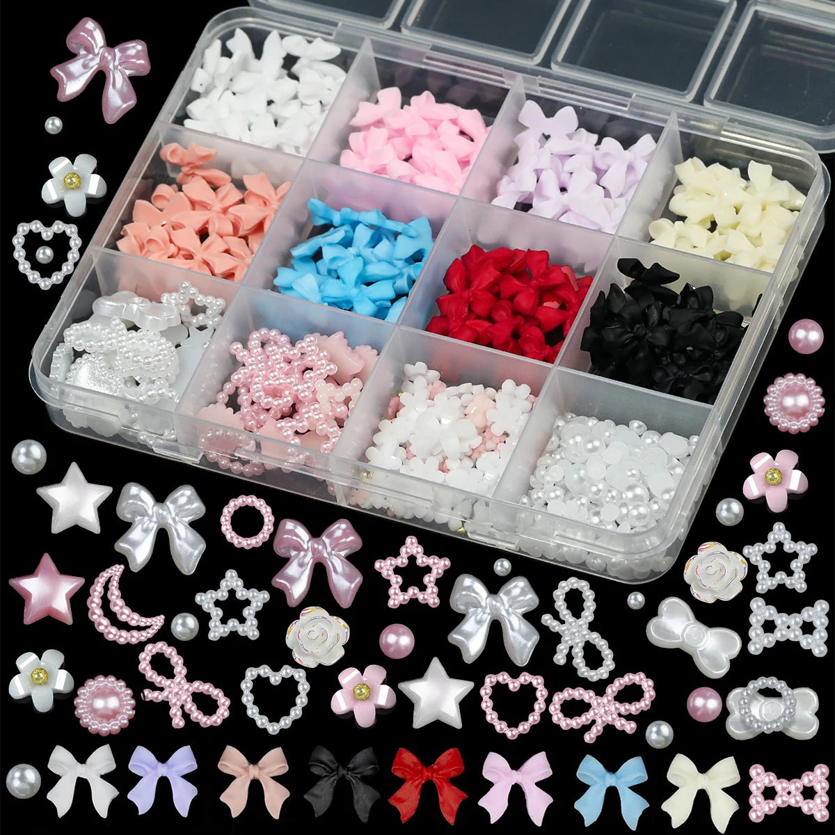 Resin Bow Nail Art Decorations - 12-Grid Mixed 3D Acrylic Charms Set