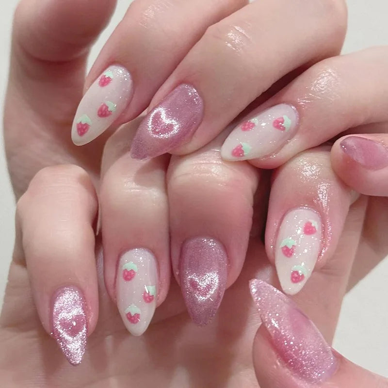 Cat-Eye French Press-On Nails – 24pcs with 3D Bow & Diamond Accents