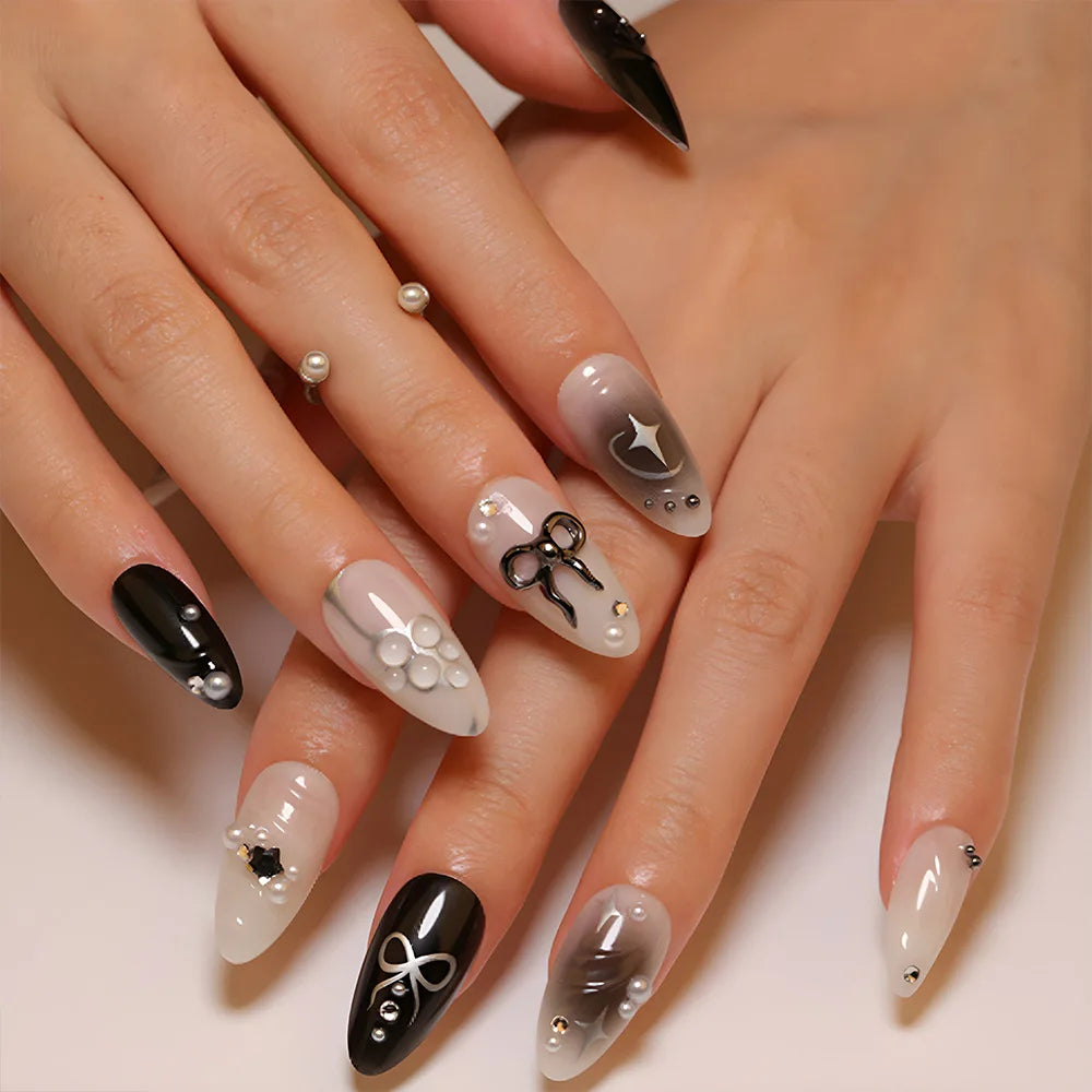 Cat-Eye French Press-On Nails – 24pcs with 3D Bow & Diamond Accents