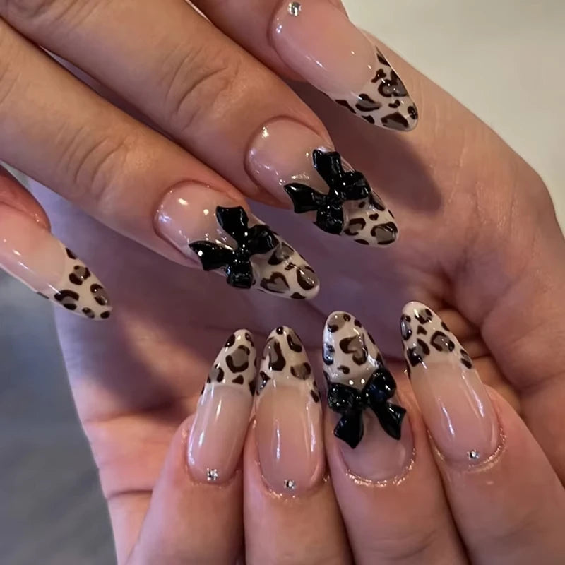 Cat-Eye French Press-On Nails – 24pcs with 3D Bow & Diamond Accents