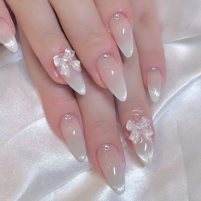 Cat-Eye French Press-On Nails – 24pcs with 3D Bow & Diamond Accents
