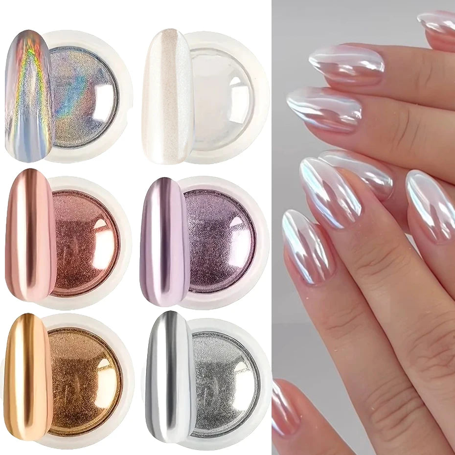 Chrome Mirror Nail Powder Set - 6-Piece Gold, Silver & Holographic Aurora Pigments