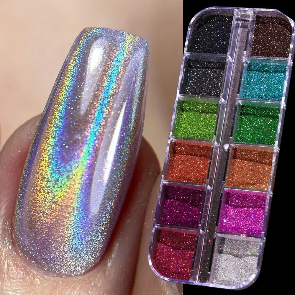 Holographic Chrome Nail Powder Set - Holo Silver, Black & Pink Laser Pigments