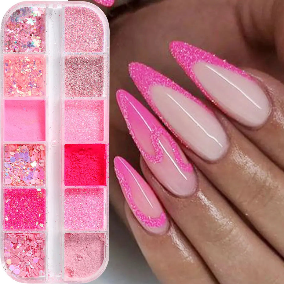 Pink Glitter Nail Powder Set - 12-Grid Holographic Hexagon & Irregular Flakes