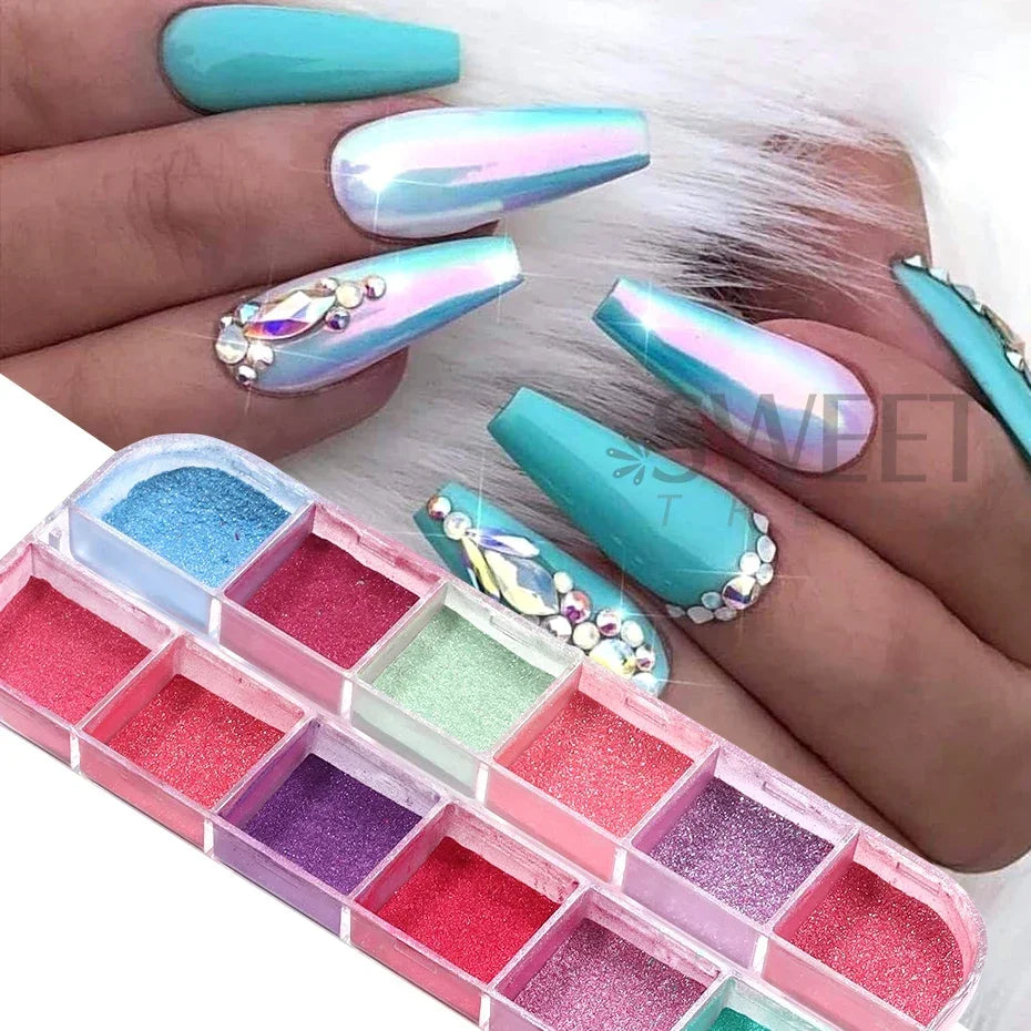 12-Grid Chrome Mirror Nail Powder - Mermaid Pearl Shimmer Pigment Set