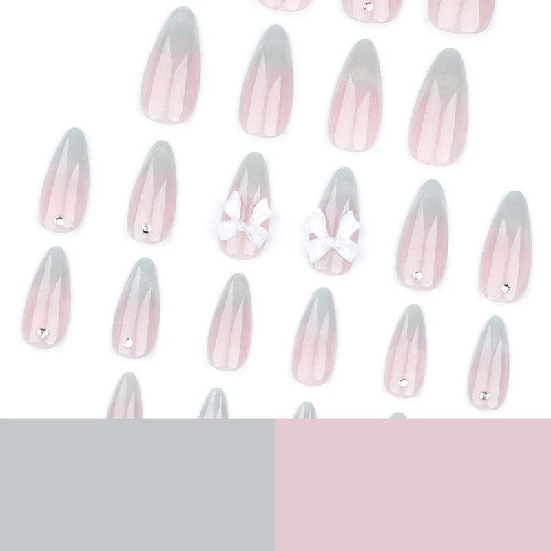 Cat-Eye French Press-On Nails – 24pcs with 3D Bow & Diamond Accents
