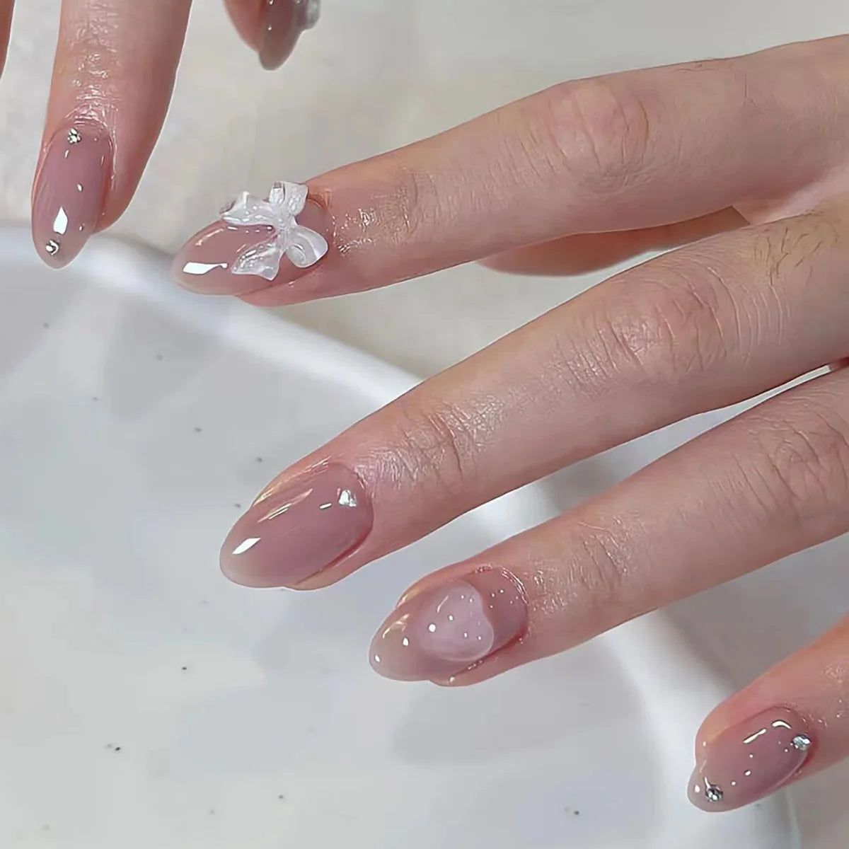 Cat-Eye French Press-On Nails – 24pcs with 3D Bow & Diamond Accents