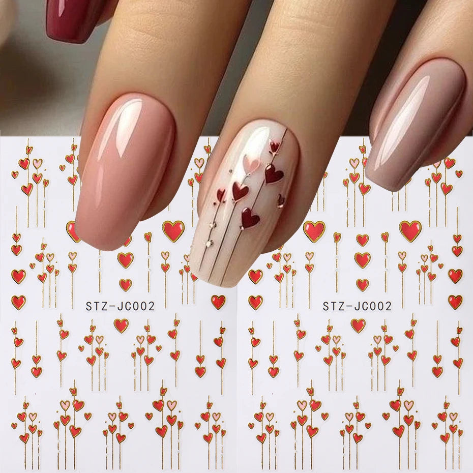 Valentine's Day Heart Nail Stickers - 3D Gold Stripe Love Decals (2pcs)