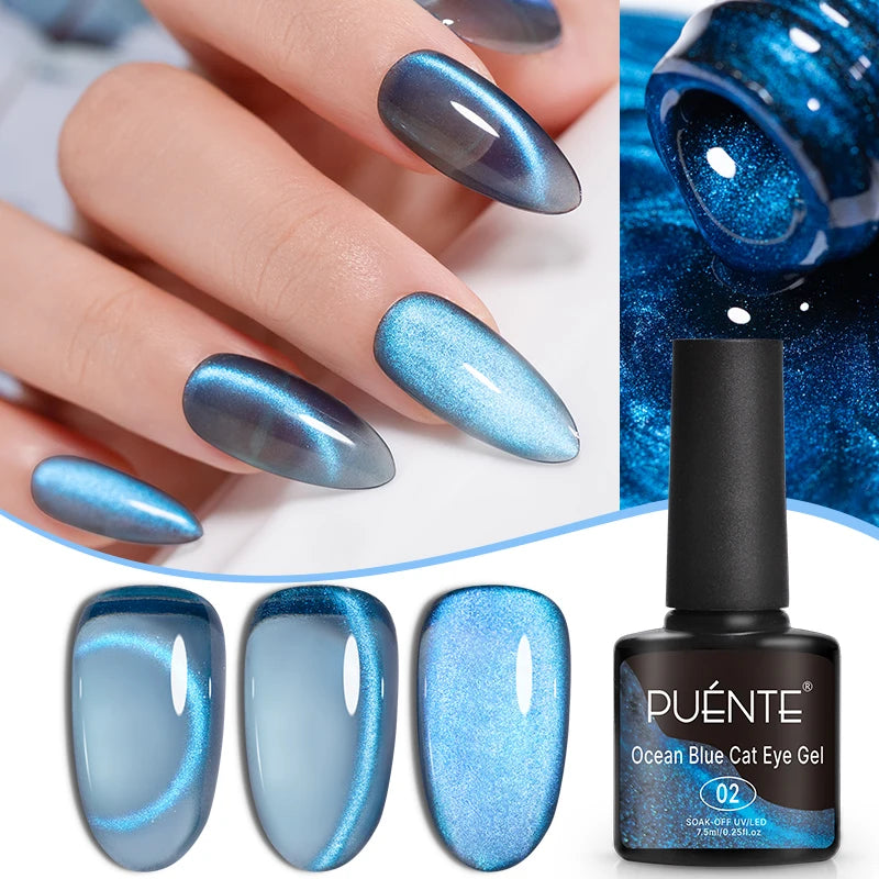 PUENTE 7.5ML Vibrant Blue Cat Eye Gel Nail Polish High Glossy Long-Lasting Soak Off UV Semi-Permanent Nail Art Varnish Manicure