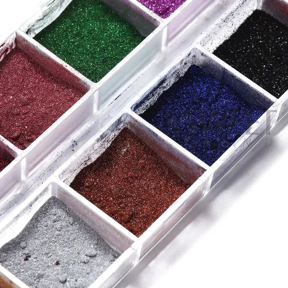 Metallic Nail Powder Set - 12 Holographic Mirror Chrome Pigments for UV Gel Polish
