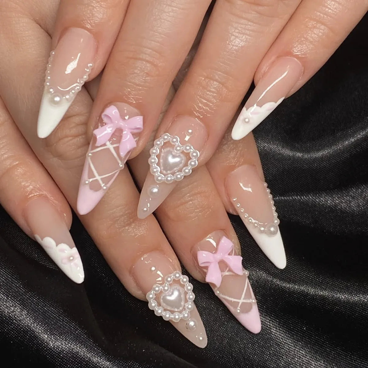 Cat-Eye French Press-On Nails – 24pcs with 3D Bow & Diamond Accents