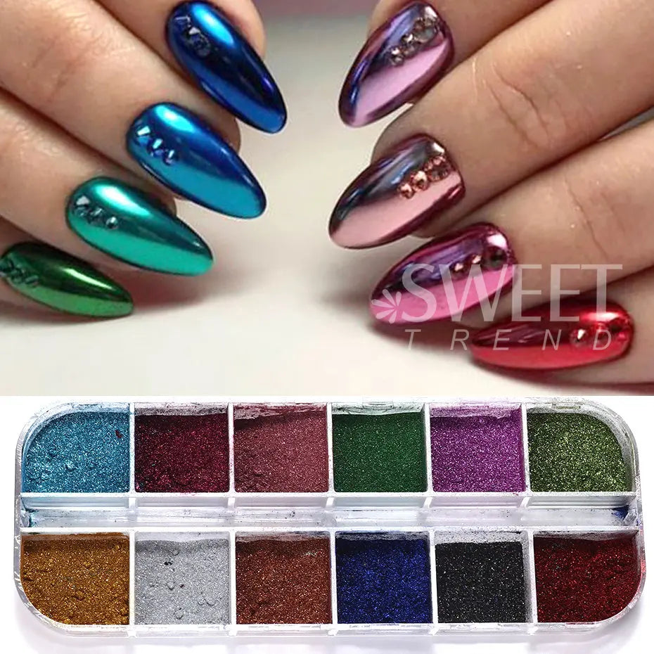 Metallic Nail Powder Set - 12 Holographic Mirror Chrome Pigments for UV Gel Polish