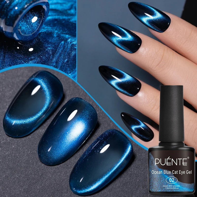 7.5ML Ocean Blue Cat Eye Gel Nail Polish High Glossy Cat Magnetic Nail Gel Soak Off UV Semi-Permanent Nail Art Varnish Manicure