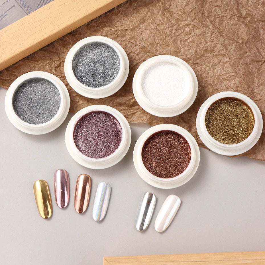Chrome Mirror Nail Powder Set - 6-Piece Gold, Silver & Holographic Aurora Pigments