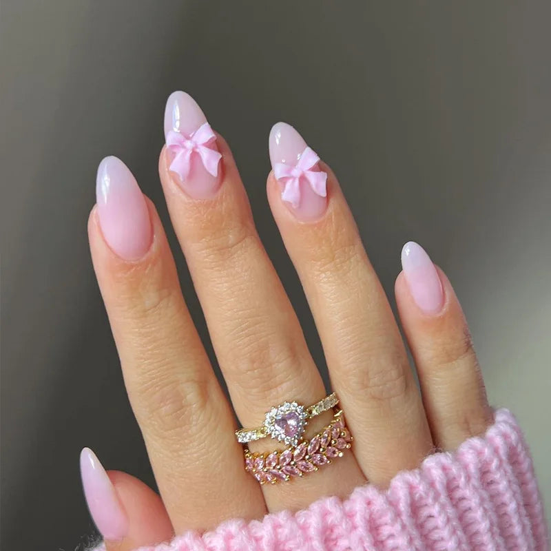 Cat-Eye French Press-On Nails – 24pcs with 3D Bow & Diamond Accents