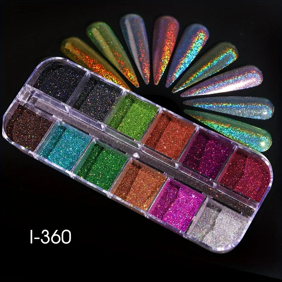 Holographic Chrome Nail Powder Set - Holo Silver, Black & Pink Laser Pigments