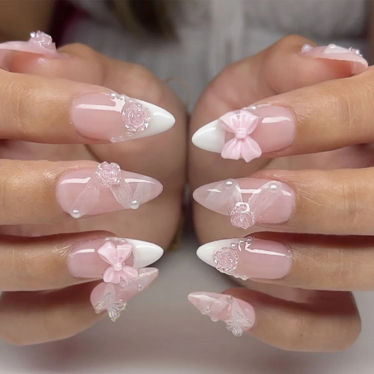Cat-Eye French Press-On Nails – 24pcs with 3D Bow & Diamond Accents