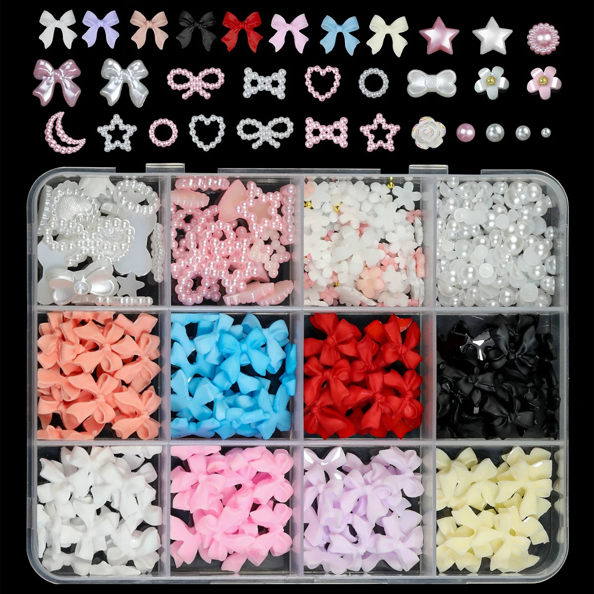 Resin Bow Nail Art Decorations - 12-Grid Mixed 3D Acrylic Charms Set