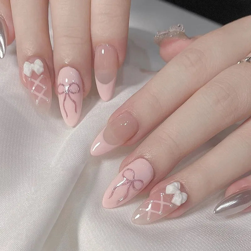 Cat-Eye French Press-On Nails – 24pcs with 3D Bow & Diamond Accents