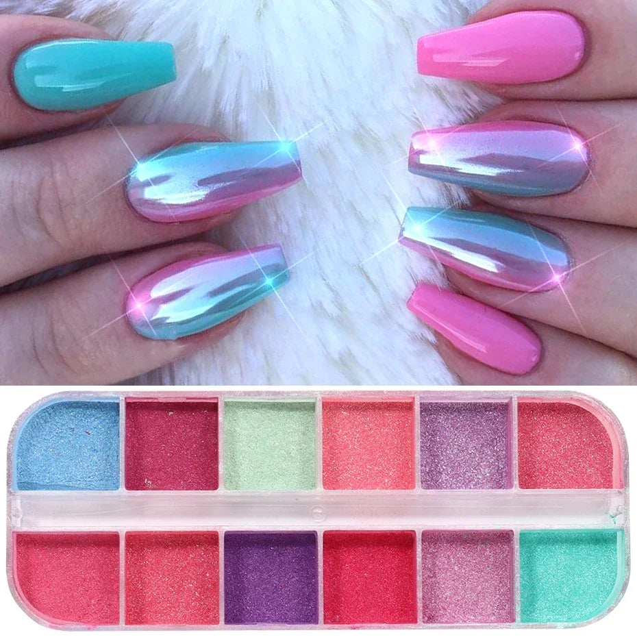 12-Grid Chrome Mirror Nail Powder - Mermaid Pearl Shimmer Pigment Set