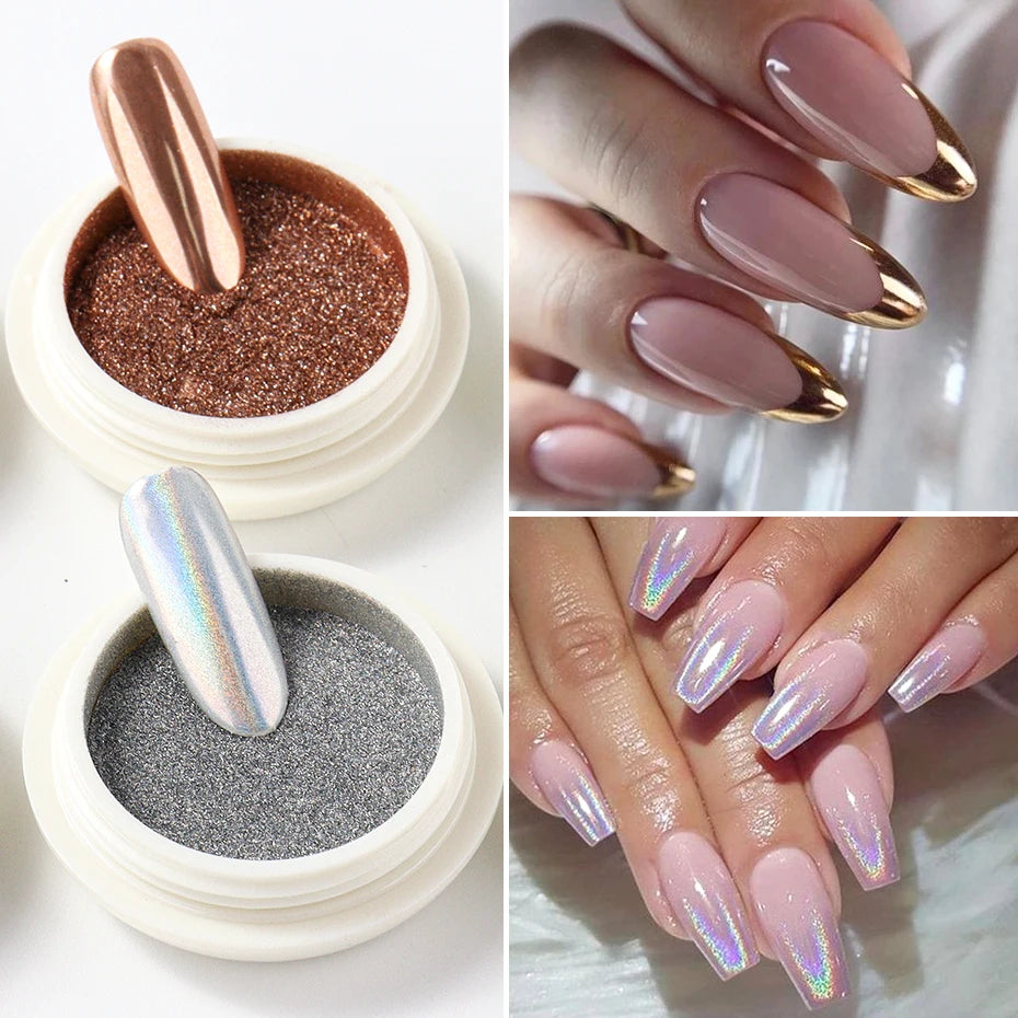 Chrome Mirror Nail Powder Set - 6-Piece Gold, Silver & Holographic Aurora Pigments