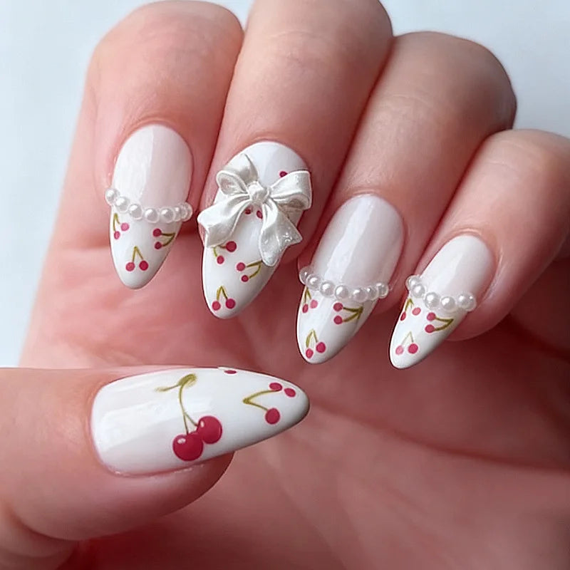 Cat-Eye French Press-On Nails – 24pcs with 3D Bow & Diamond Accents