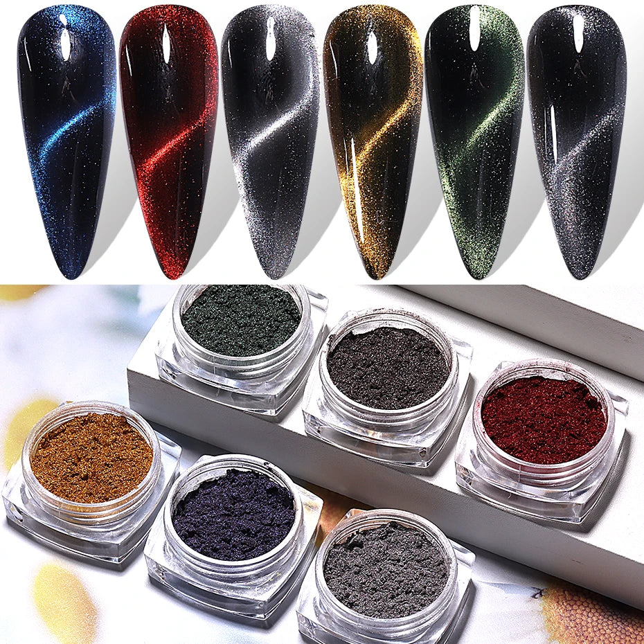 Cat Eye Chrome Magnetic Nail Powder Set - 6 Pearl Fairy Pigments with Reflective Effect