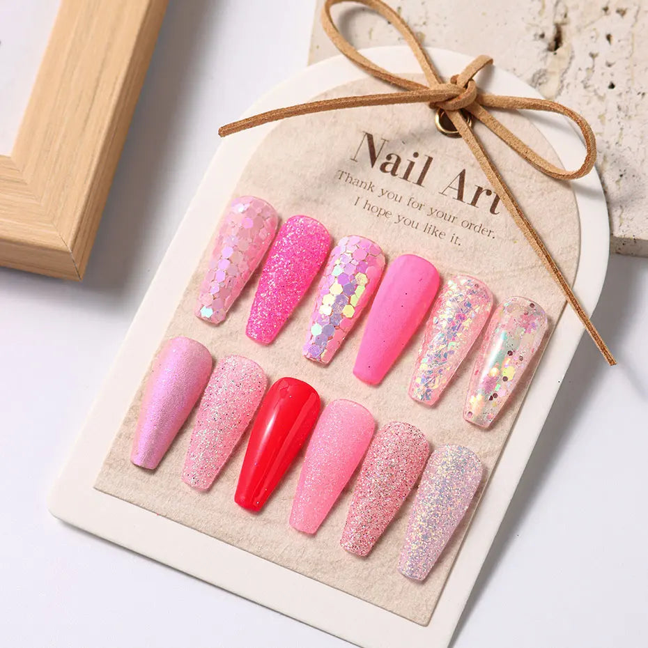 Pink Glitter Nail Powder Set - 12-Grid Holographic Hexagon & Irregular Flakes
