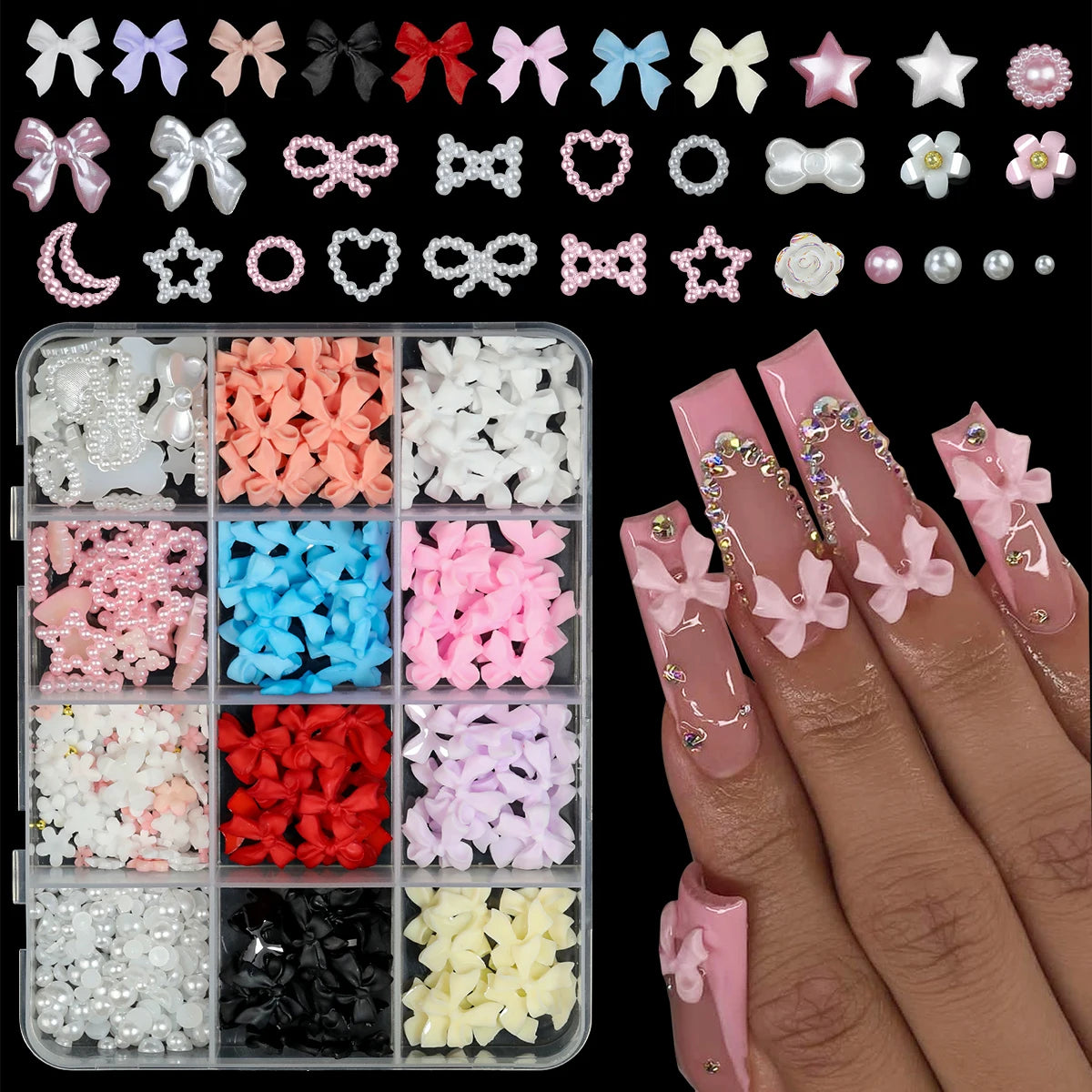Resin Bow Nail Art Decorations - 12-Grid Mixed 3D Acrylic Charms Set