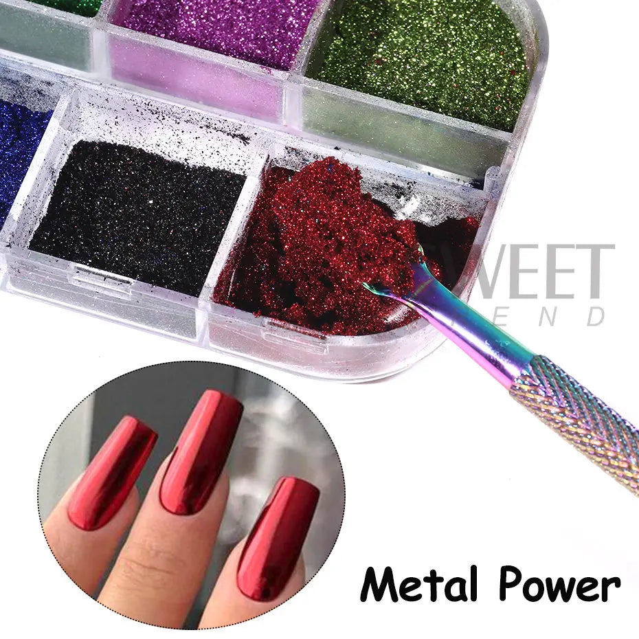 Metallic Nail Powder Set - 12 Holographic Mirror Chrome Pigments for UV Gel Polish