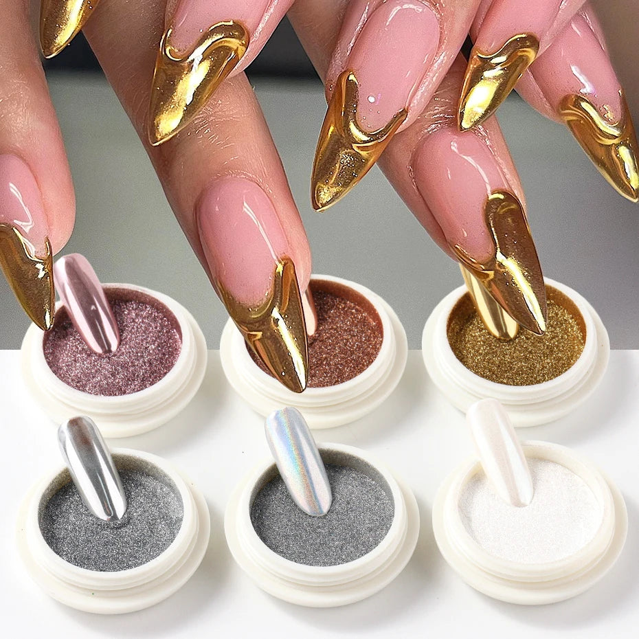 Chrome Mirror Nail Powder Set - 6-Piece Gold, Silver & Holographic Aurora Pigments