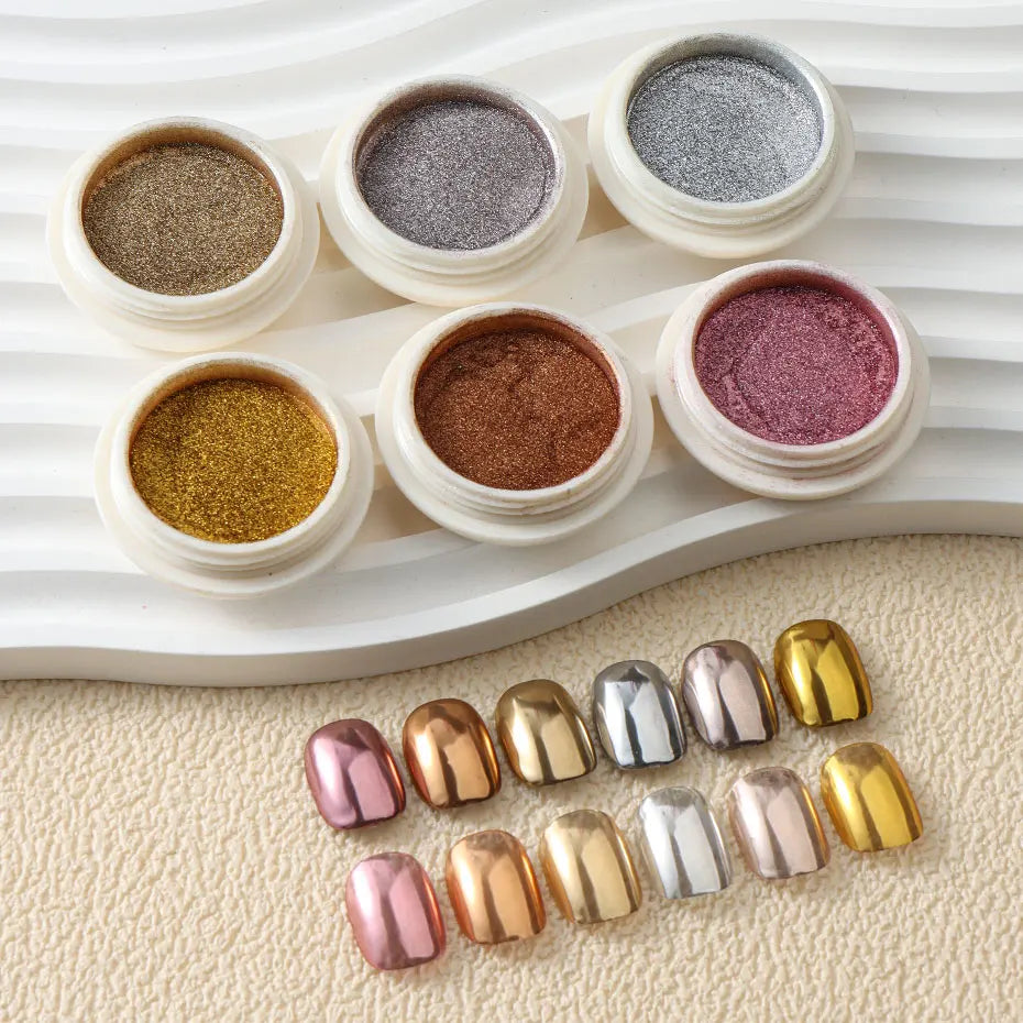 Metallic Chrome Nail Powder Set - 6-Piece Gold, Rose Gold & Silver Mirror Finish