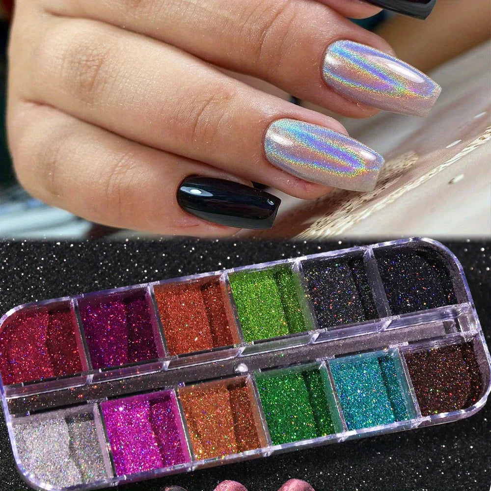 Holographic Chrome Nail Powder Set - Holo Silver, Black & Pink Laser Pigments