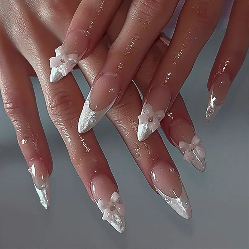 Cat-Eye French Press-On Nails – 24pcs with 3D Bow & Diamond Accents